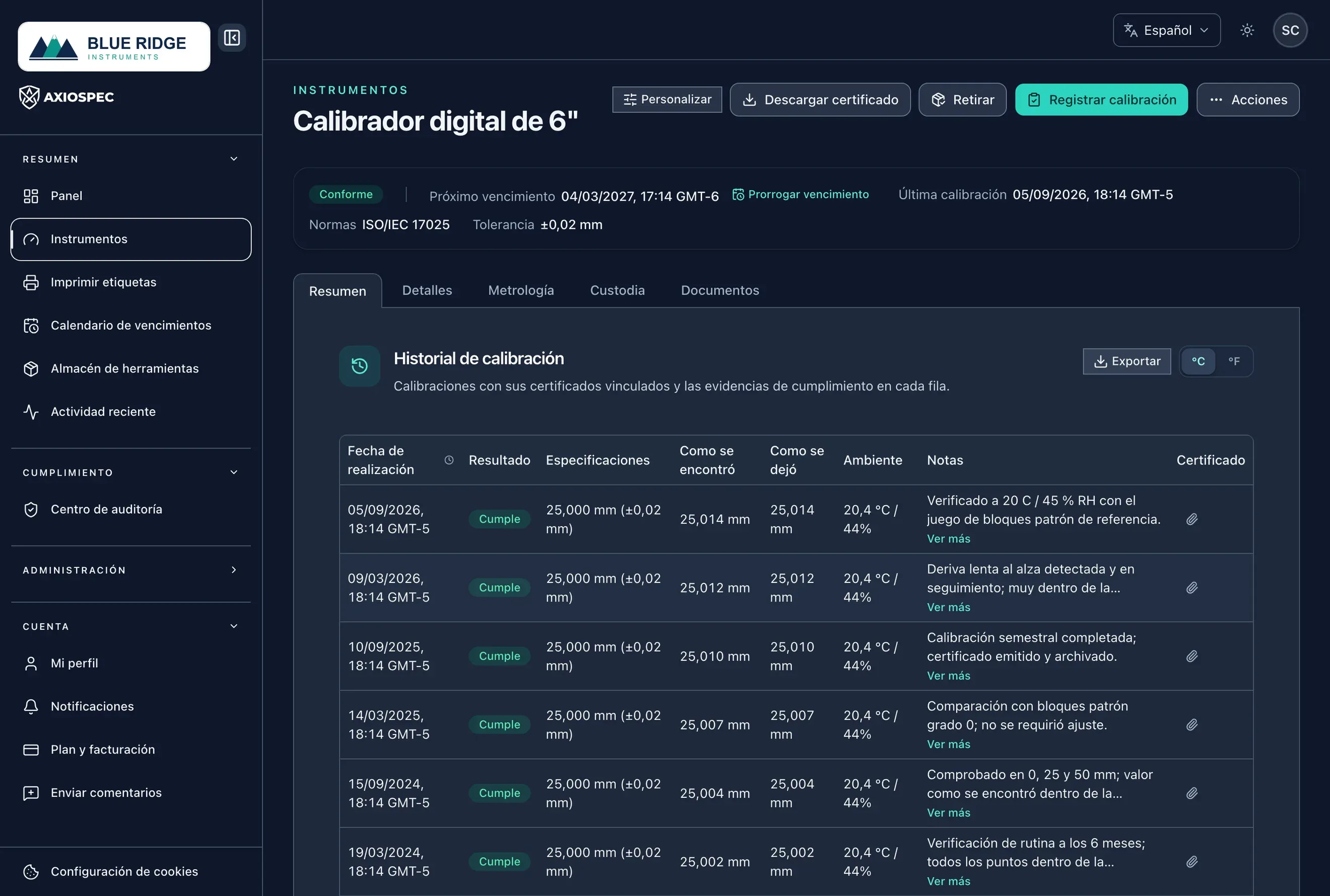 Historial de auditoría de calibración de Axiospec con un registro de cambios que permite detectar cualquier manipulación
