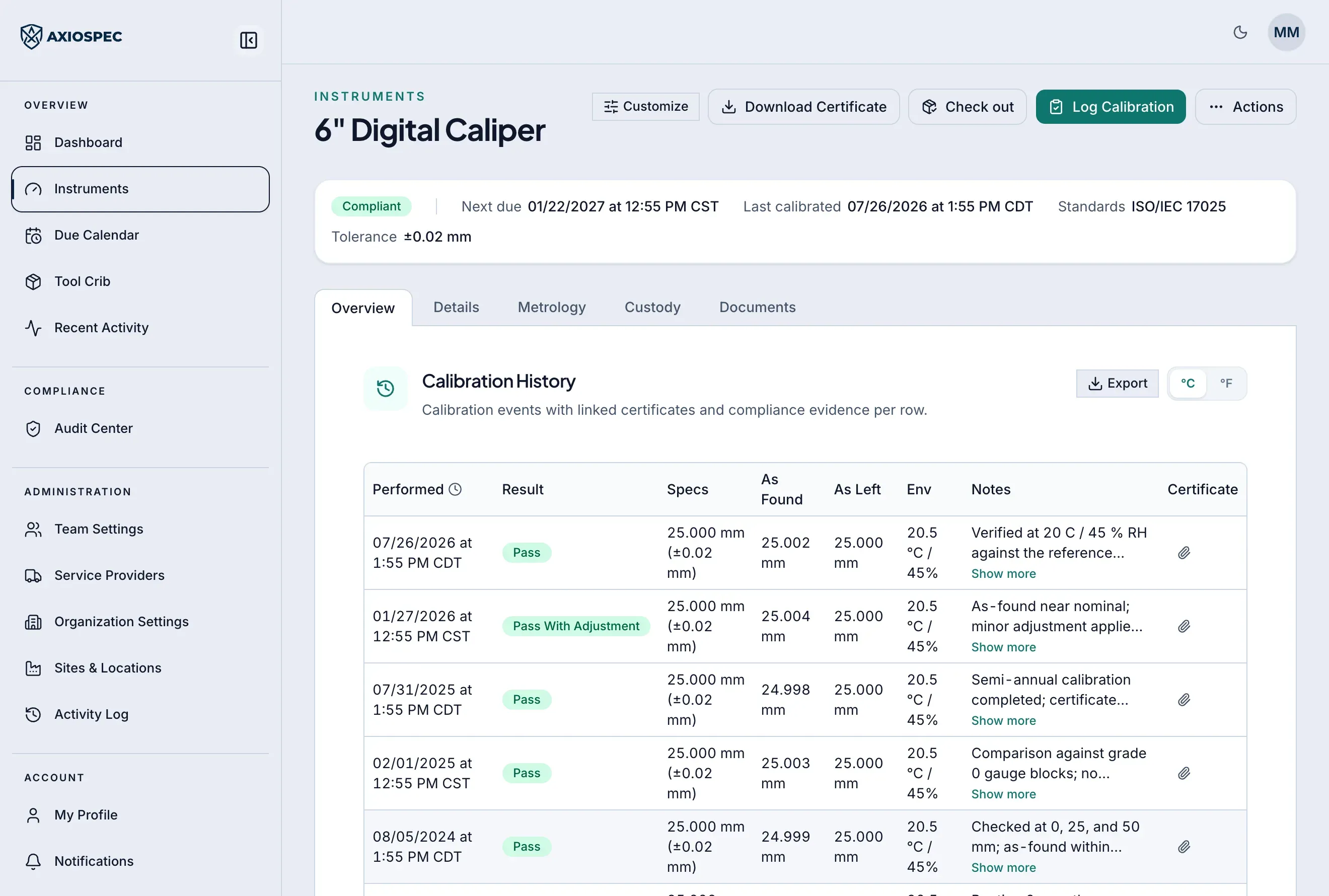 Downloading a calibration certificate from Asset Details