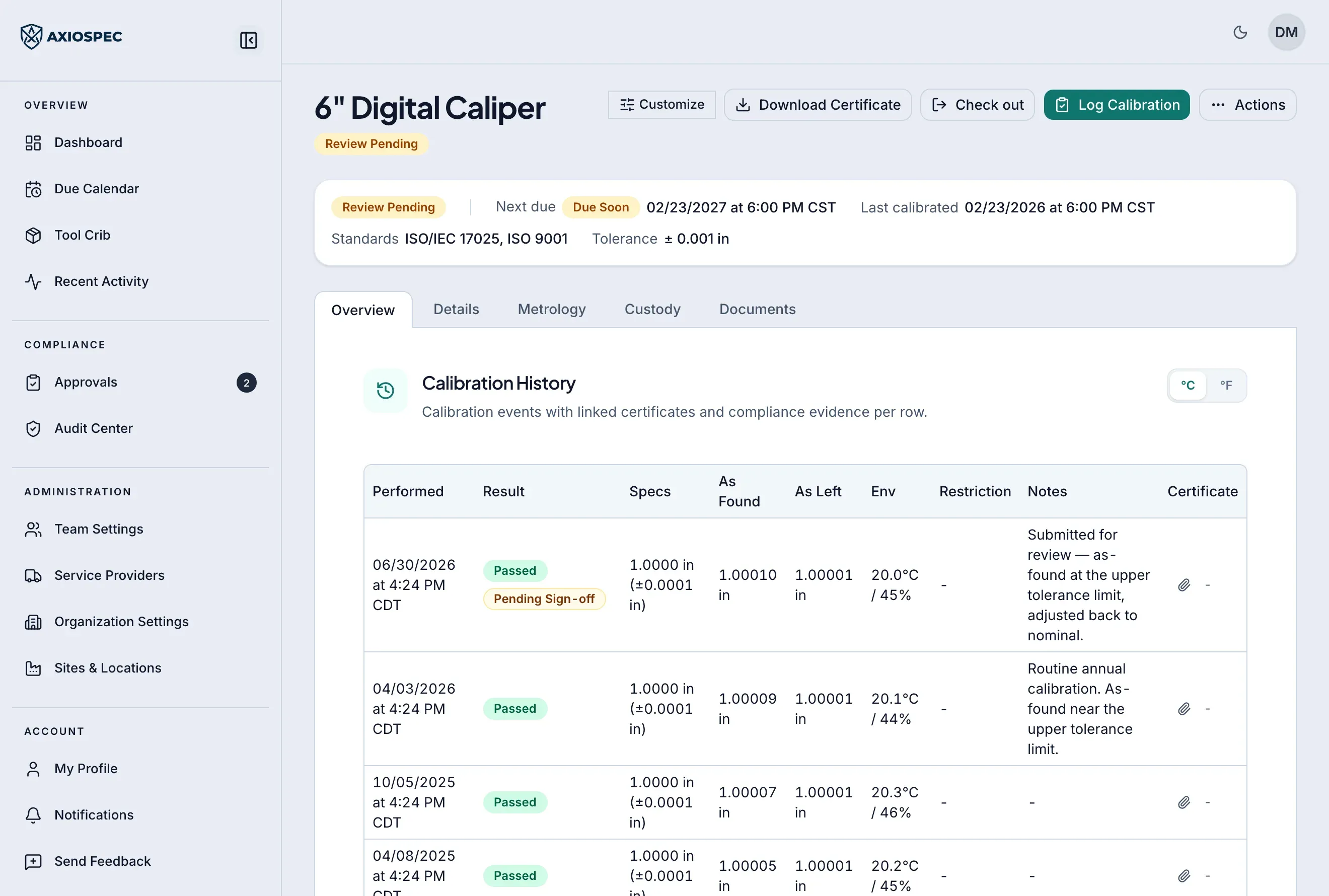 Axiospec calibration audit trail with a tamper-evident change history