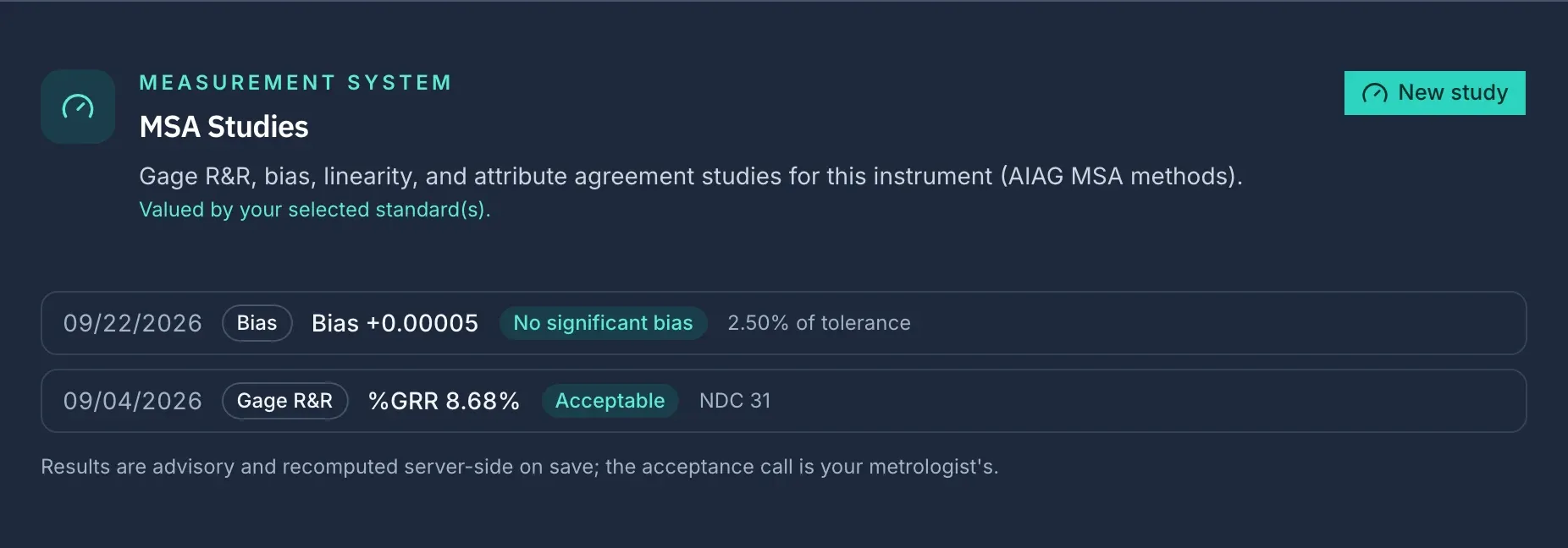 MSA studies on an instrument in Axiospec: a Gage R&R study at 8.68% GRR, acceptable, NDC 31, and a bias study.