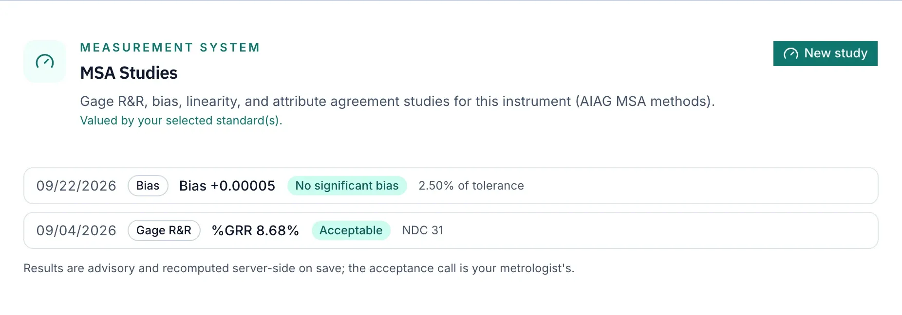 MSA studies on an instrument in Axiospec: a Gage R&R study at 8.68% GRR, acceptable, NDC 31, and a bias study.