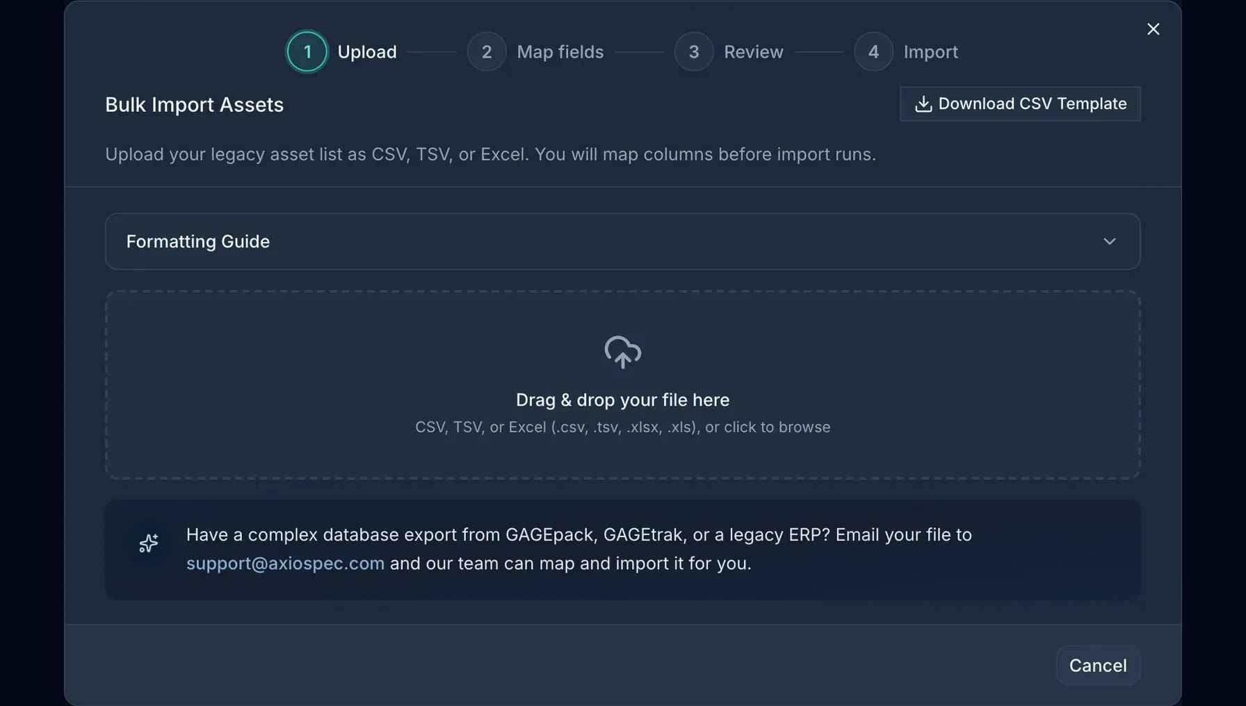 Axiospec built-in import tool with field mapping and validation