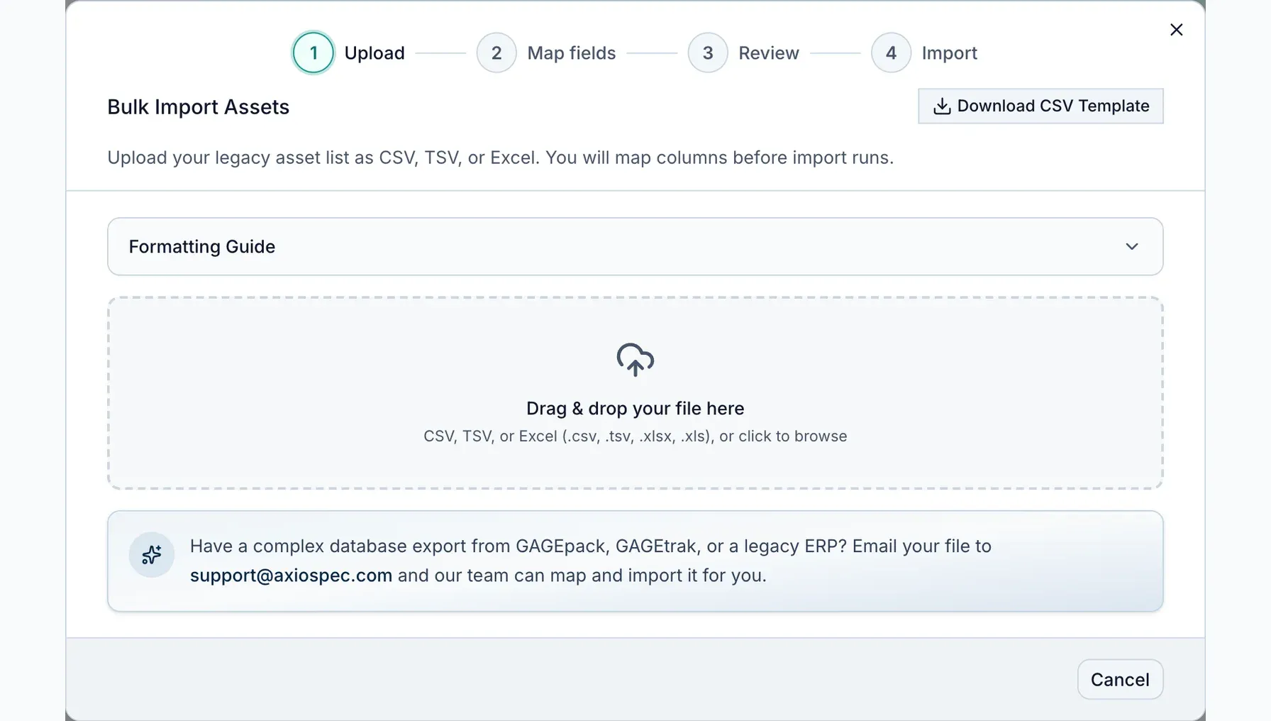 Axiospec built-in import tool with field mapping and validation
