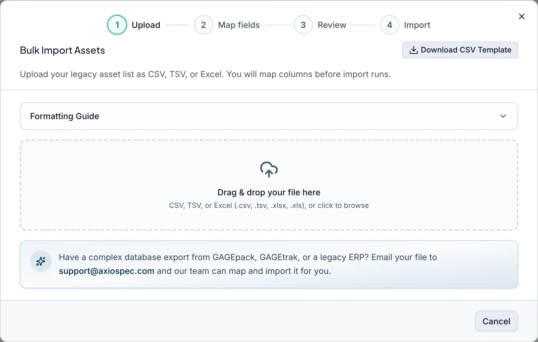 Axiospec Bulk Import Assets dialog