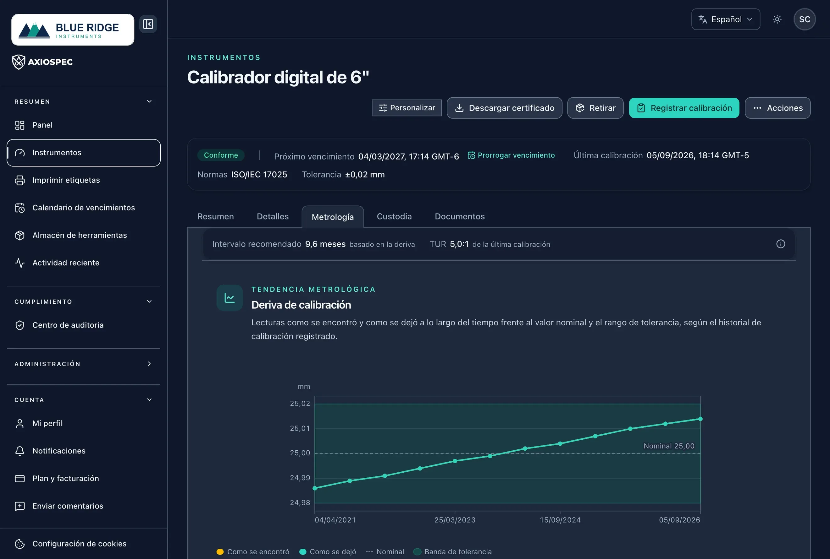 Panel de Inteligencia metrológica de Axiospec con el intervalo recomendado, la relación de incertidumbre de prueba (TUR) y los resultados de Gage R&R de un instrumento