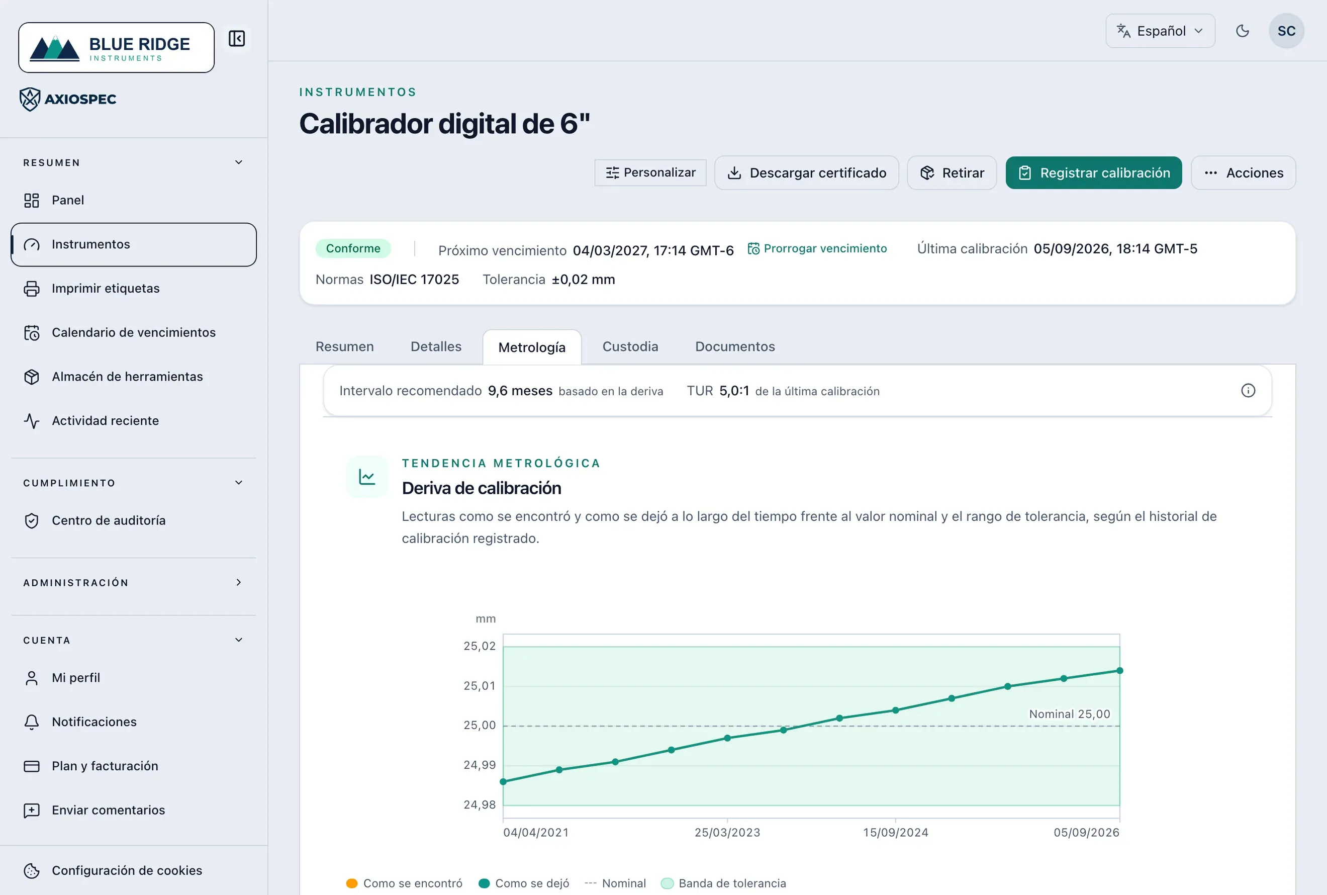 Panel de Inteligencia metrológica de Axiospec con el intervalo recomendado, la relación de incertidumbre de prueba (TUR) y los resultados de Gage R&R de un instrumento