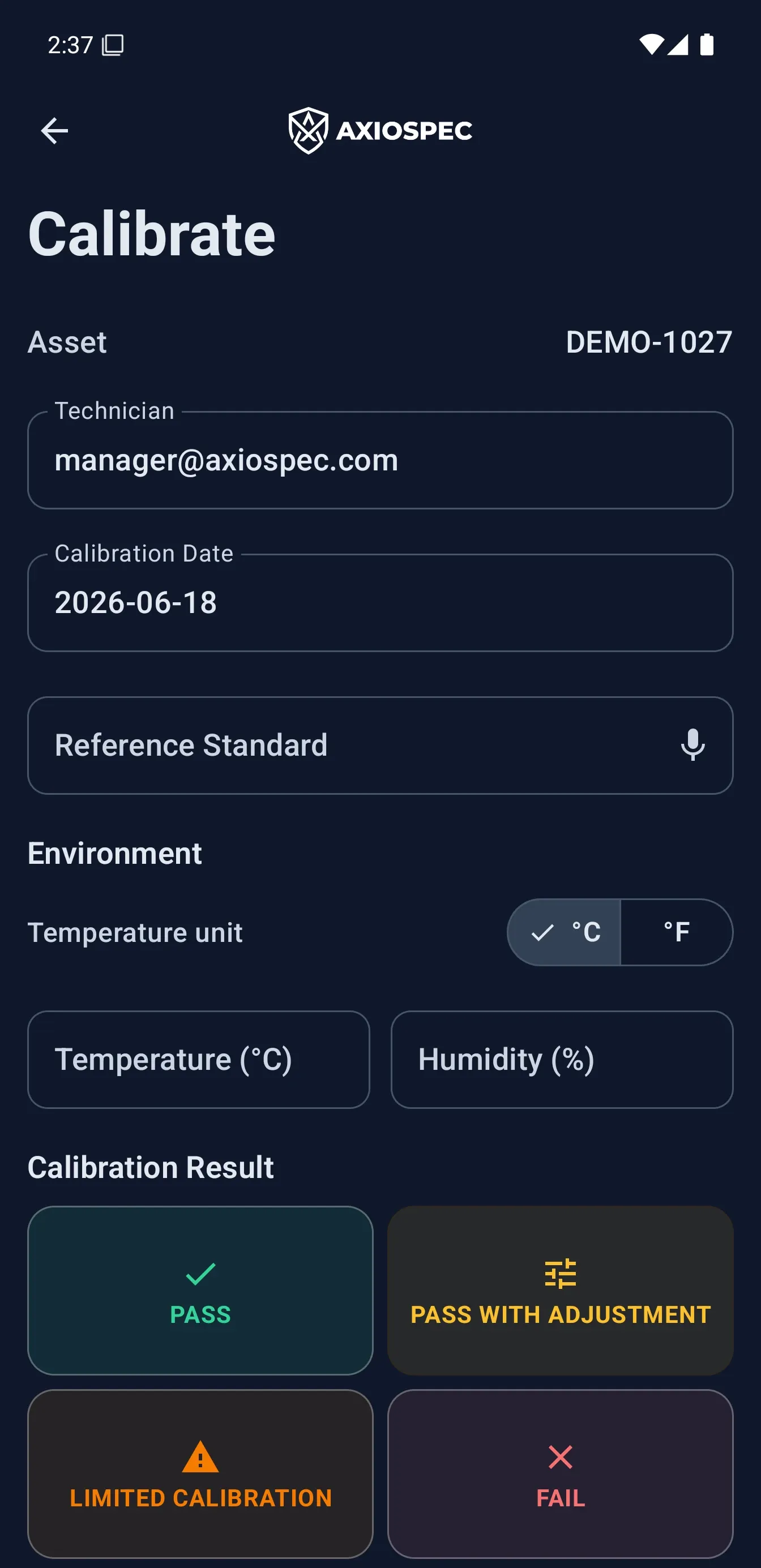 Axiospec mobile app showing the technician calibration capture flow
