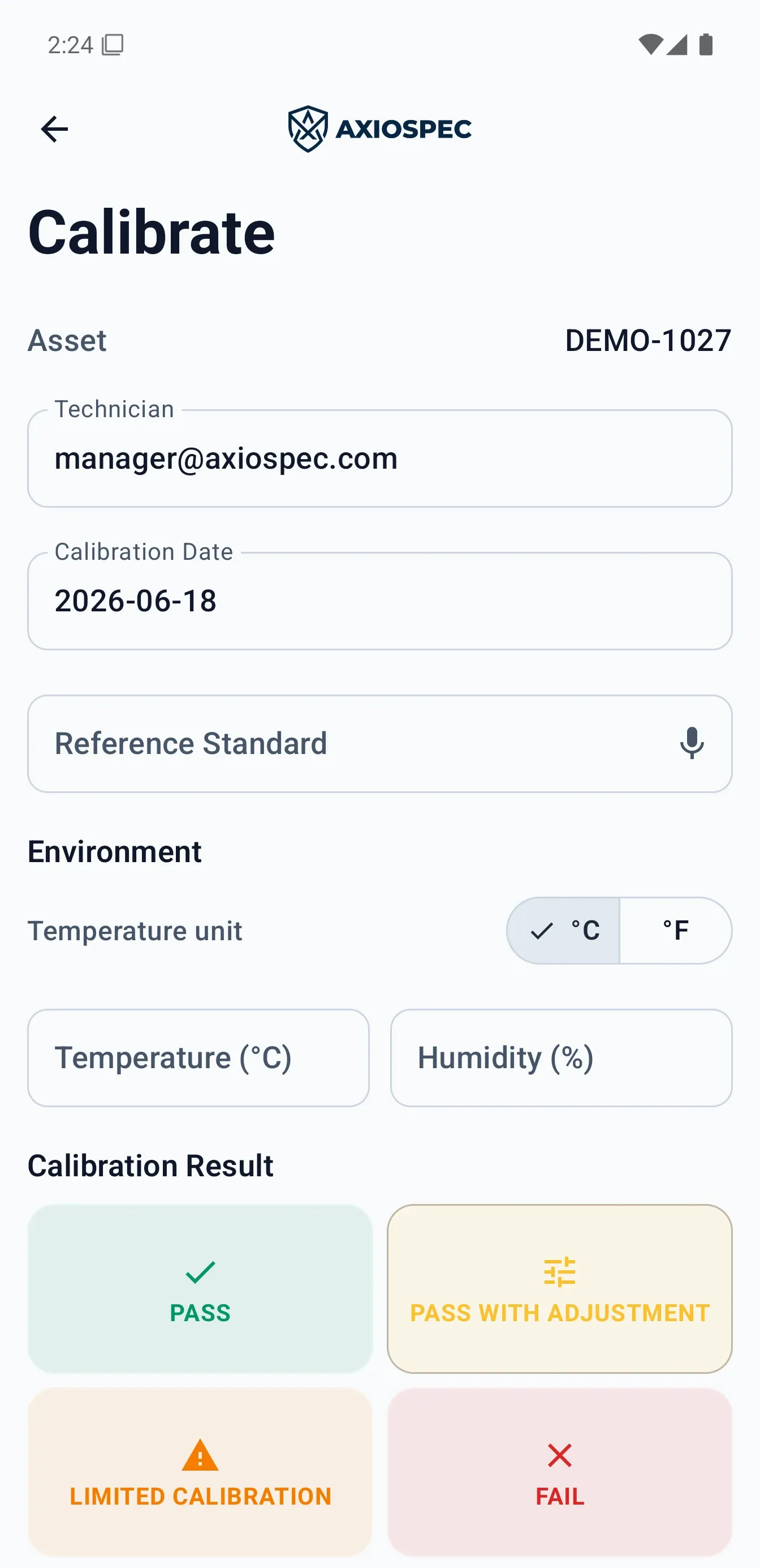 Axiospec mobile app showing the technician calibration capture flow