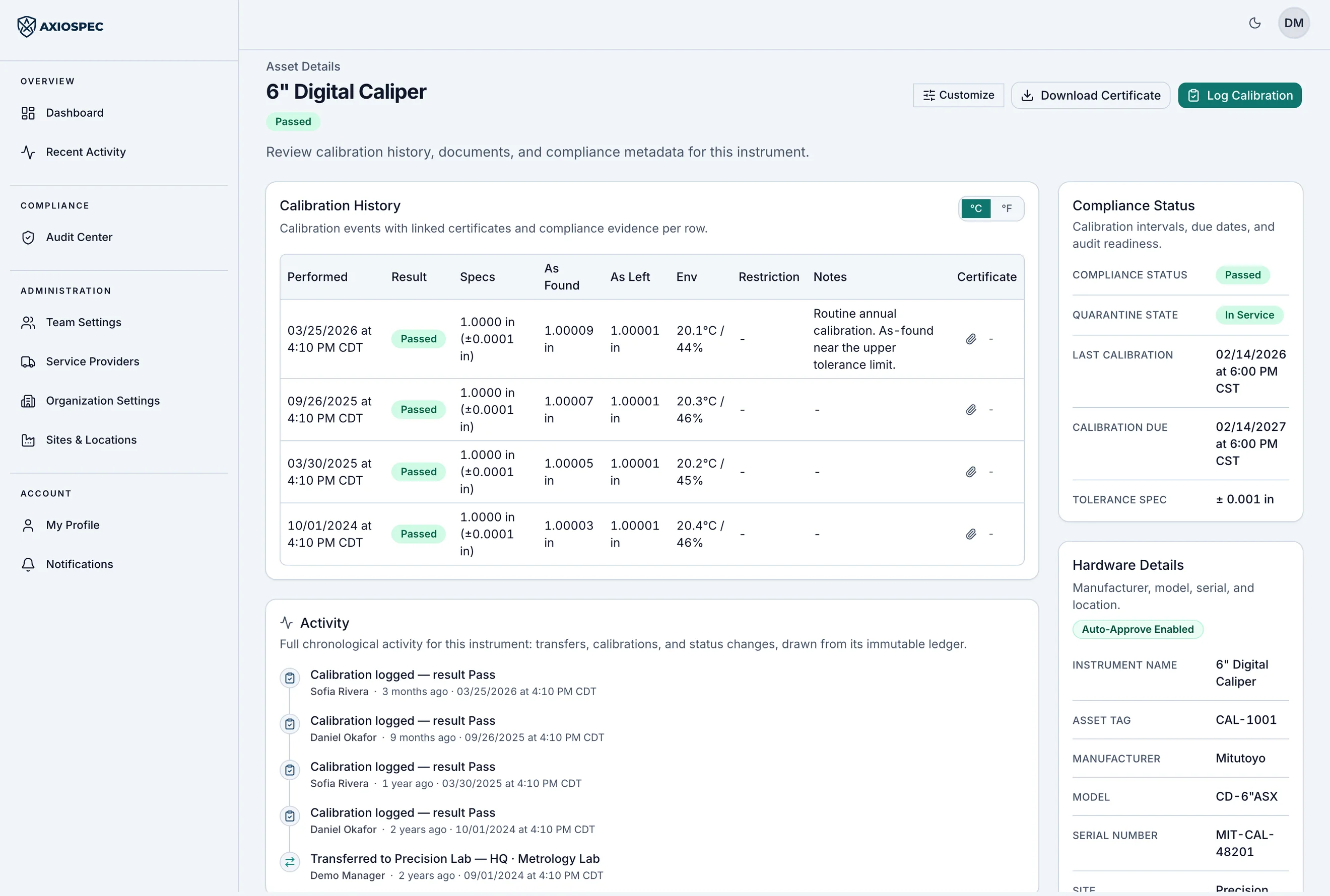 Downloading a calibration certificate from Asset Details