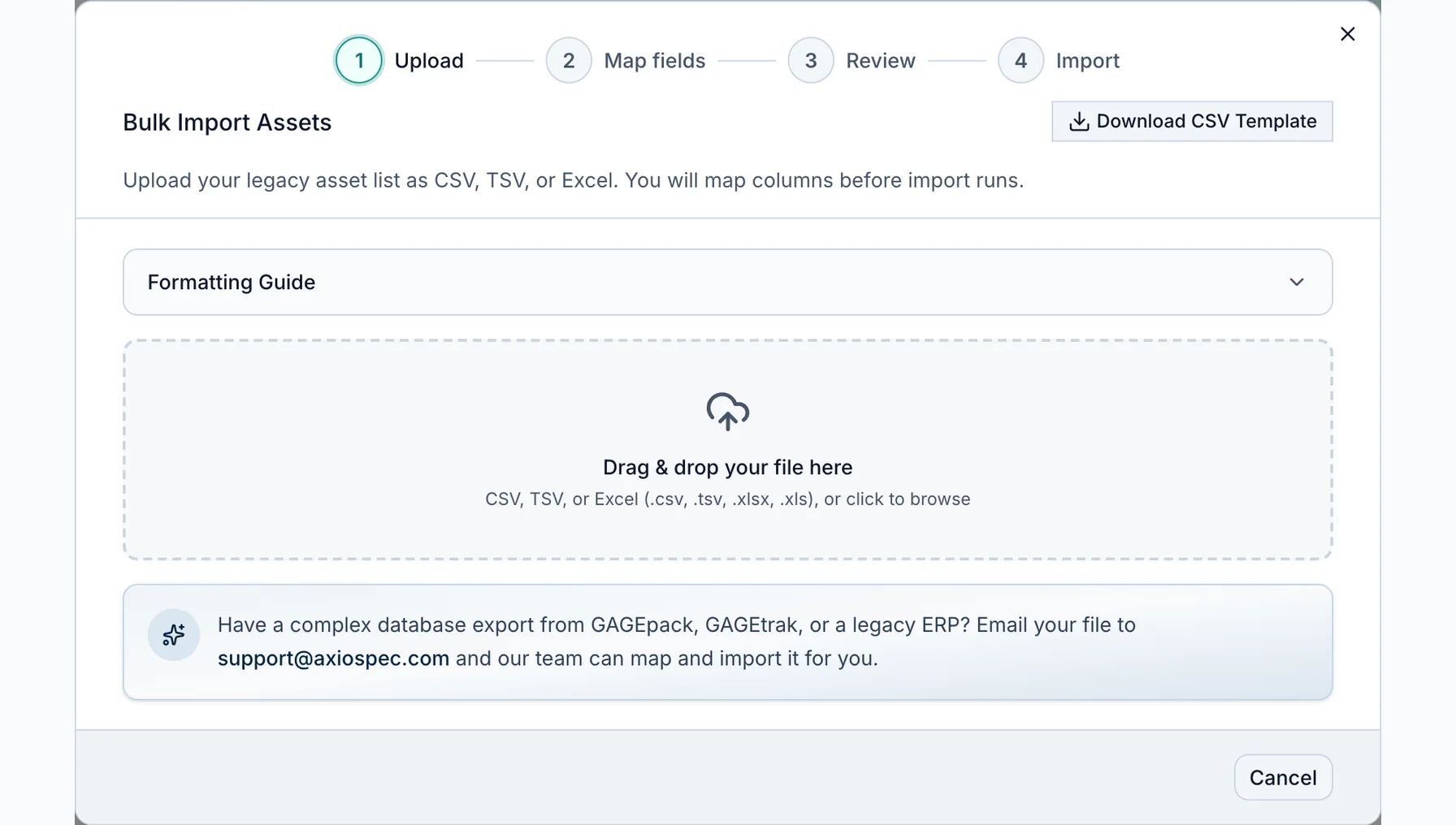 Axiospec Bulk Import Assets dialog