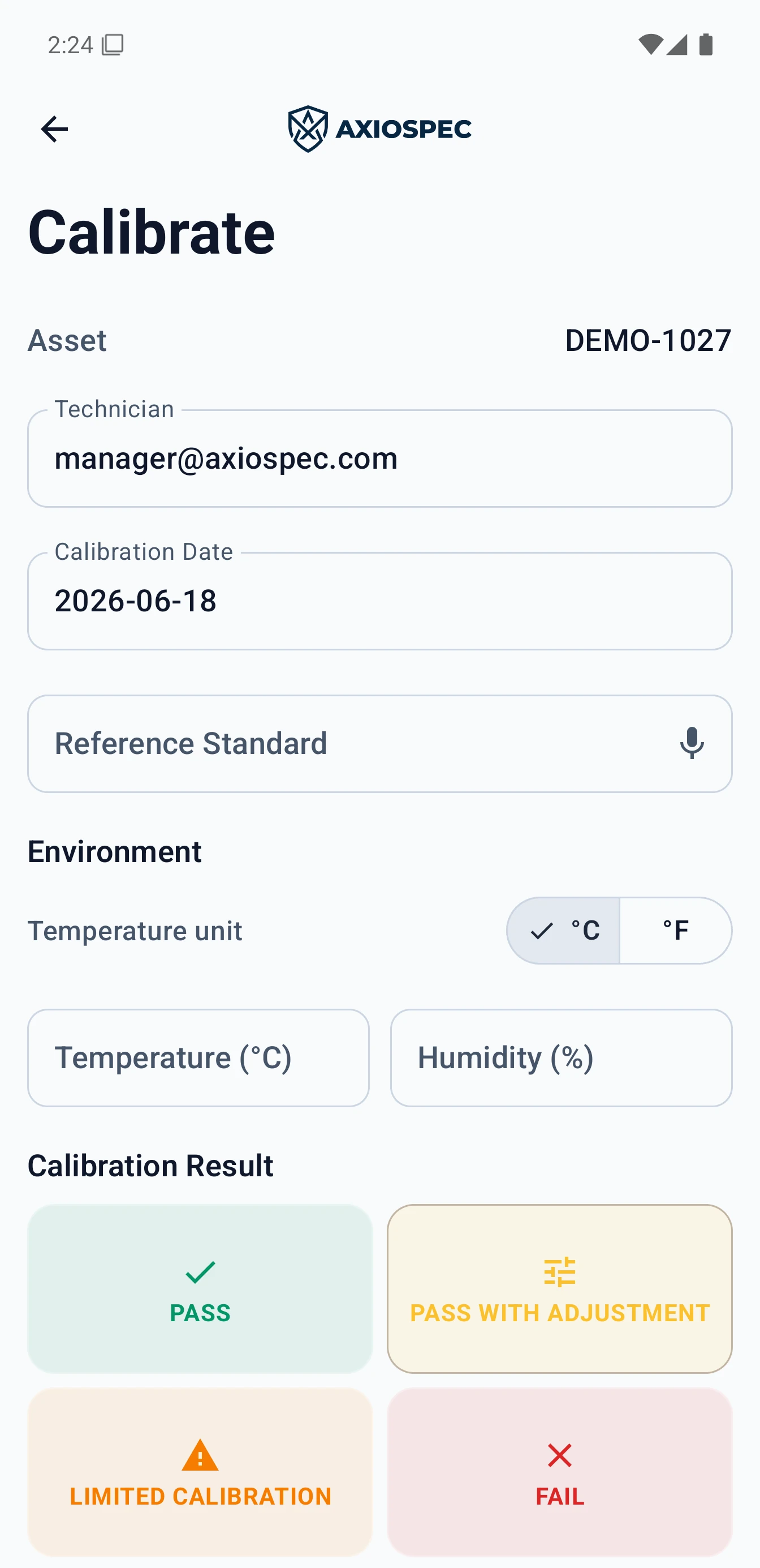 Axiospec mobile app Calibrate screen